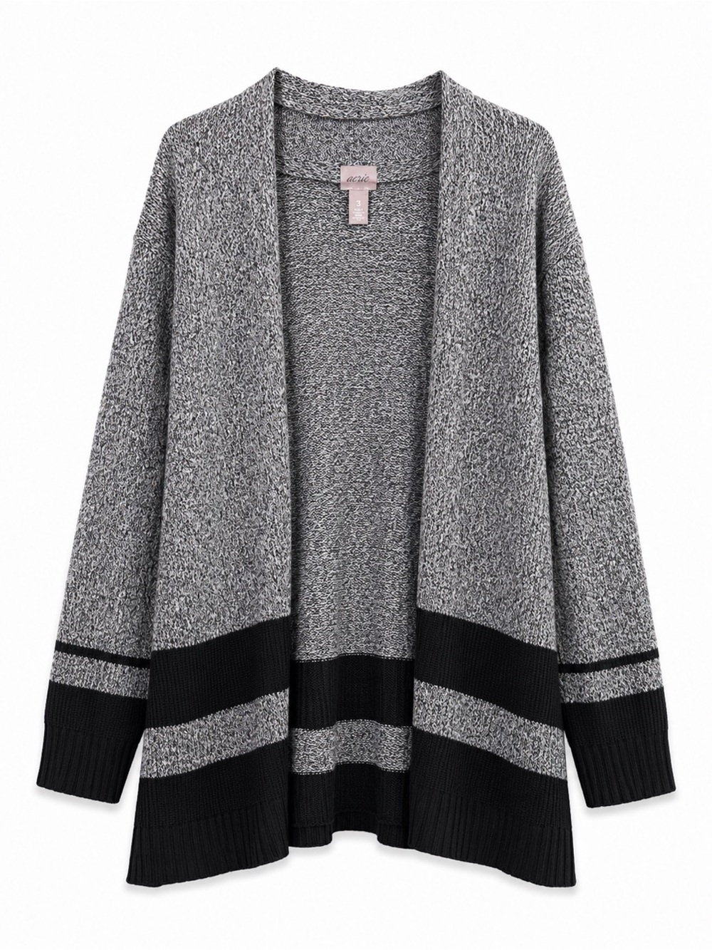 Chico's Marl Open Front Cardigan Sweater Size 3 XL Black White Stripe Hem Long